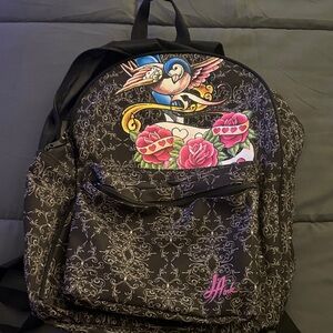 Black Backpack with Bird and Rose Design